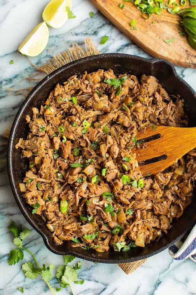 Vegan Jackfruit Carnitas in a skillet