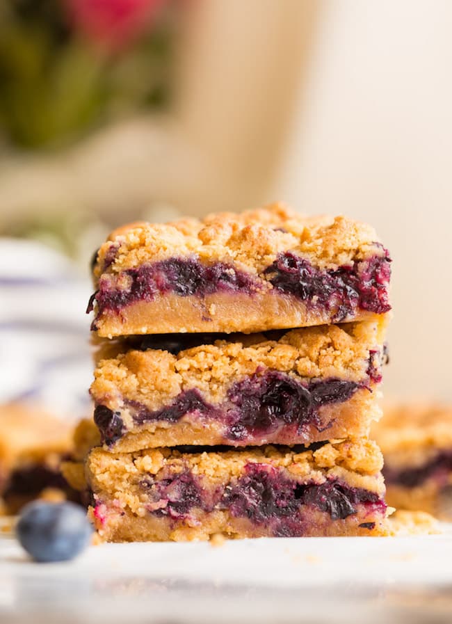 three Gluten Free Blueberry Crumb Bars stacked