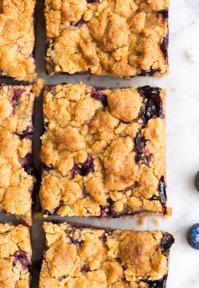 Gluten Free Blueberry Crumb Bars squares on a piece of baking paper