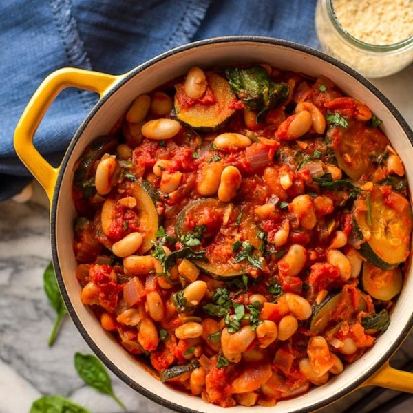 Zucchini-and-Cannellini-Tomato-Stew in a cooking pot