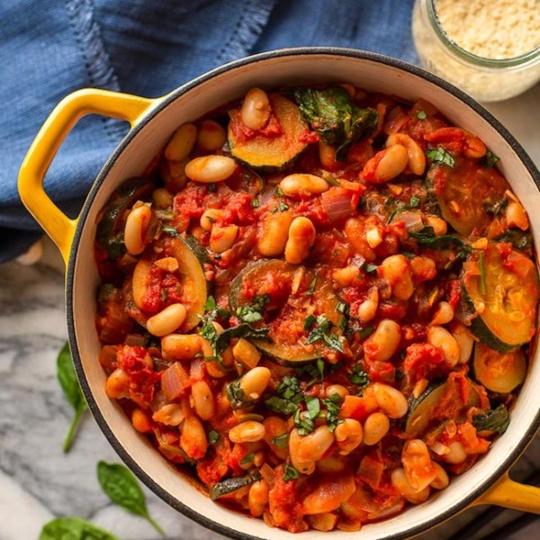 Zucchini-and-Cannellini-Tomato-Stew in a cooking pot