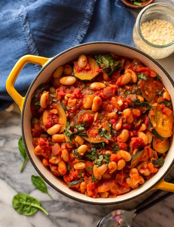Zucchini-and-Cannellini-Tomato-Stew in a cooking pot