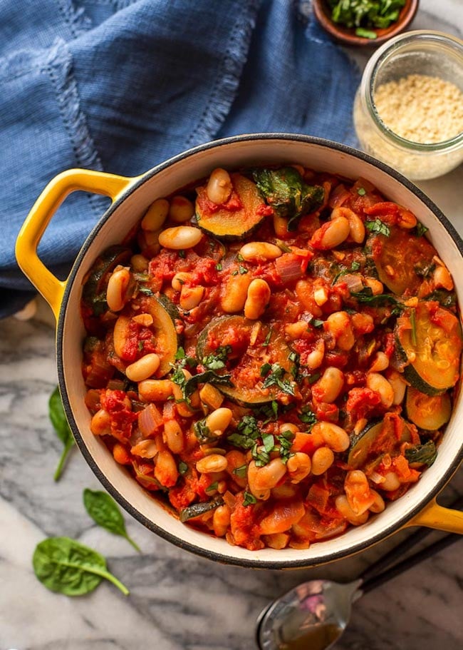 Zucchini-and-Cannellini-Tomato-Stew in a cooking pot