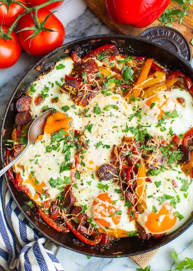 Baked Chorizo & Eggs with Peperonata in a skillet