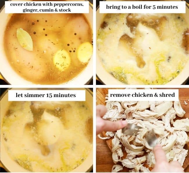 collage of a pot of water showing how to make seasoned, poached chicken breast