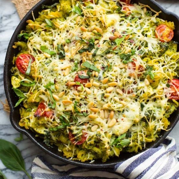 Baked-Vegan-Pesto in a cast iron skillet