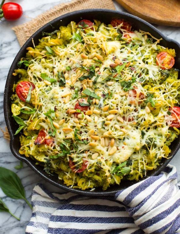 Baked-Vegan-Pesto in a cast iron skillet