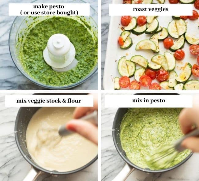 collage of steps to make the baked vegan pesto pasta sauce: blend the pesto, roast the veggies, make the cheese sauce and mixing the pesto into the sauce