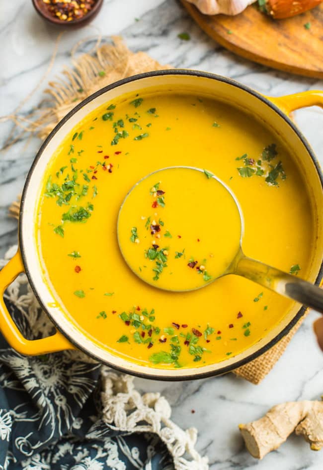 Curried Butternut Squash Soup in a big yellow pot