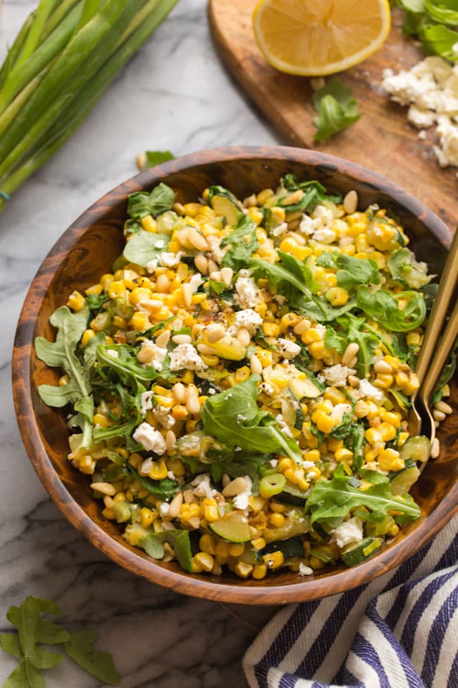 Sautéed Corn & Courgette Salad in a wooden bowl