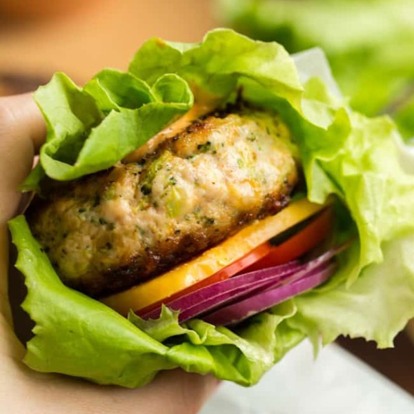 Broccoli Cheddar Chicken Burgers in a lettuce wrap