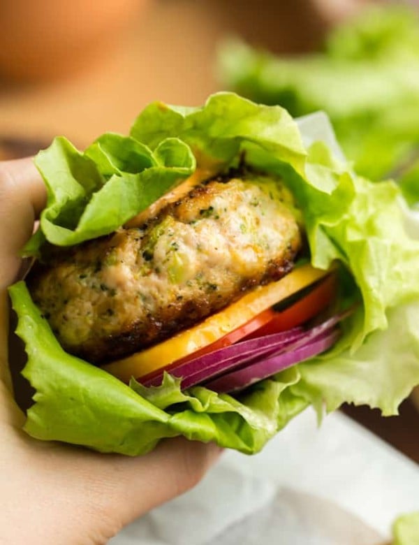 Broccoli Cheddar Chicken Burgers in a lettuce wrap