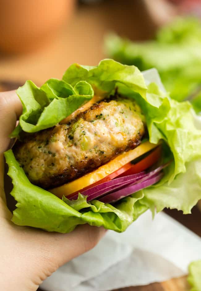 Broccoli Cheddar Chicken Burgers in a lettuce wrap