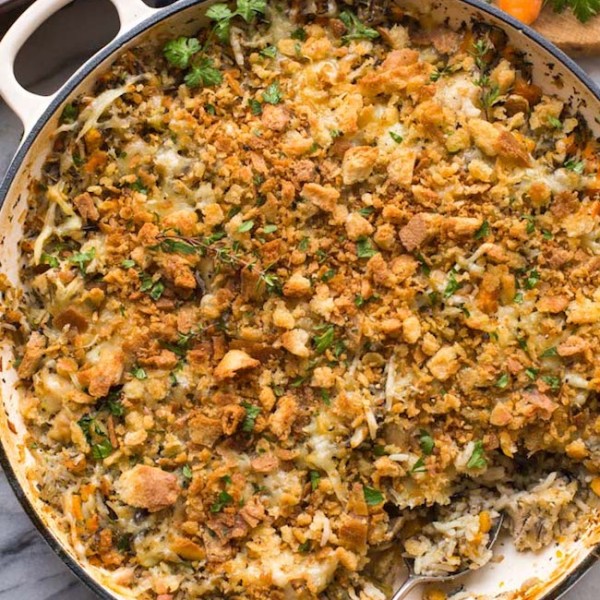 chicken & wild rice casserole topped with parsley