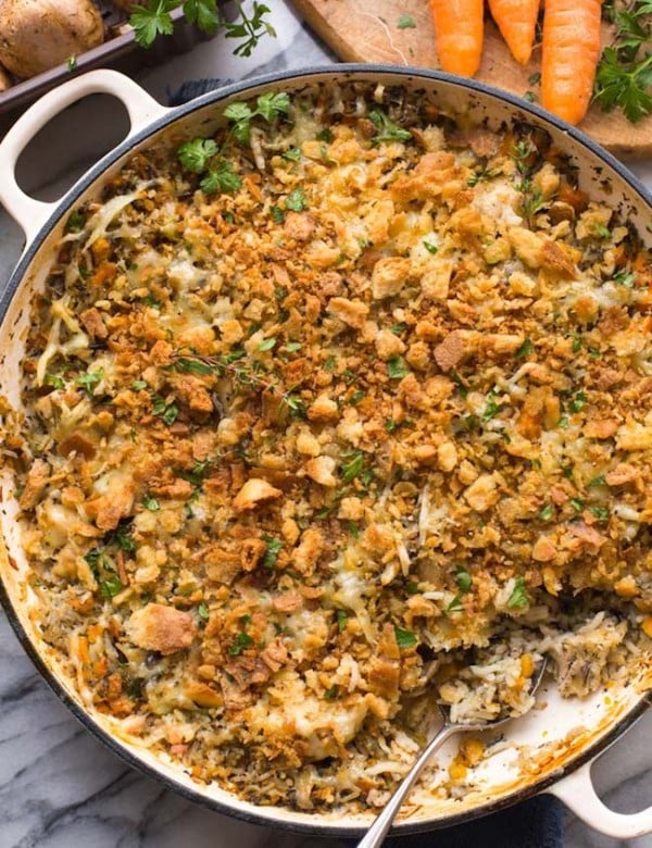 chicken & wild rice casserole topped with parsley