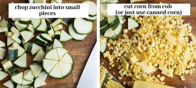 Sautéed Corn & Courgette Salad - veggie prep collage