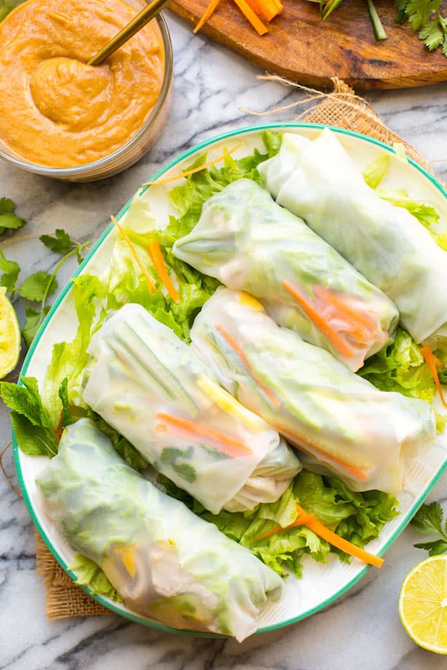 mango summer rolls on a platter