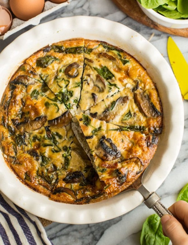 Bacon & Mushroom Crustless Quiche in a pie plate