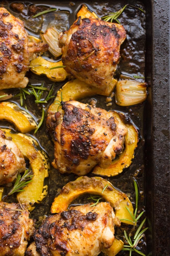 Roasted Balsamic Rosemary Chicken & Squash on a baking tray