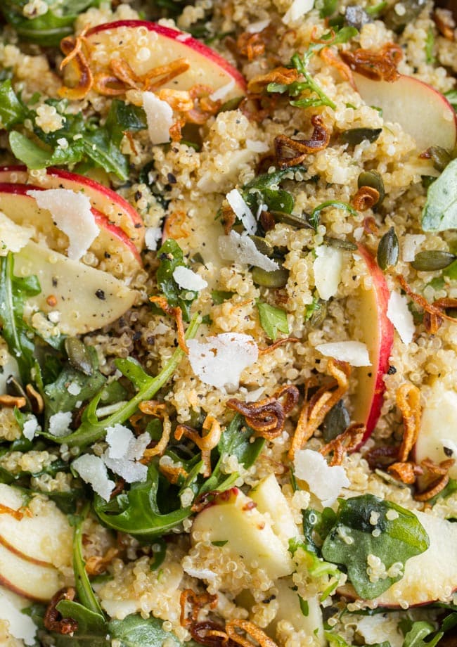 up close picture of Honey Mustard Quinoa Apple Salad with Crispy Shallots