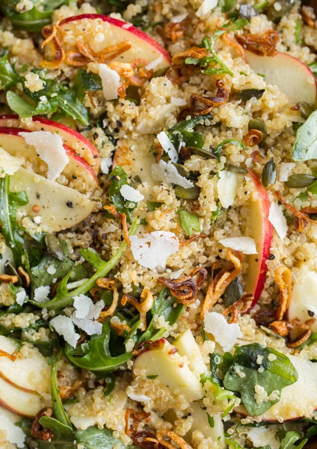 up close picture of Honey Mustard Quinoa Apple Salad with Crispy Shallots 