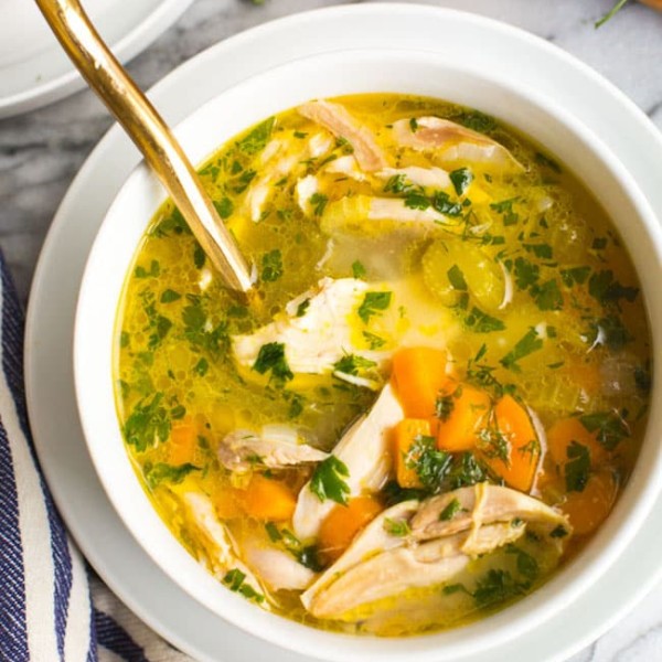From Scratch Instant Pot Chicken Soup in a white bowl