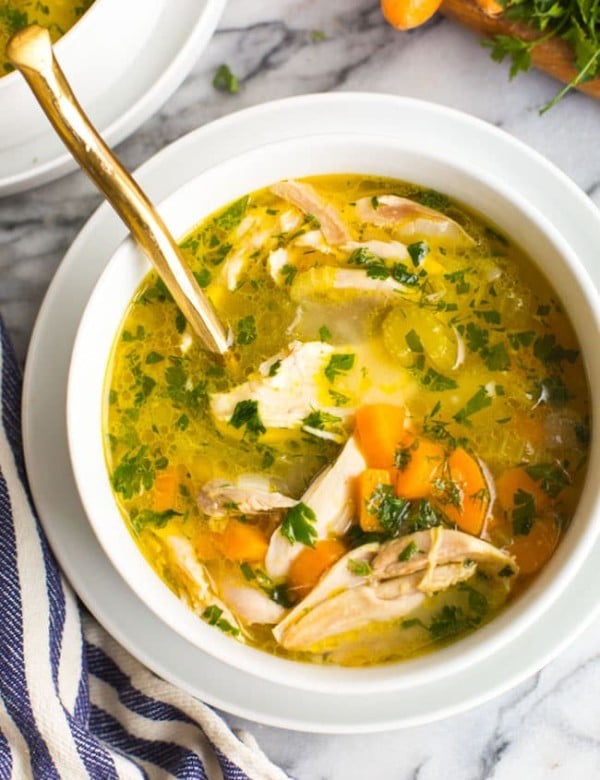 From Scratch Instant Pot Chicken Soup in a white bowl