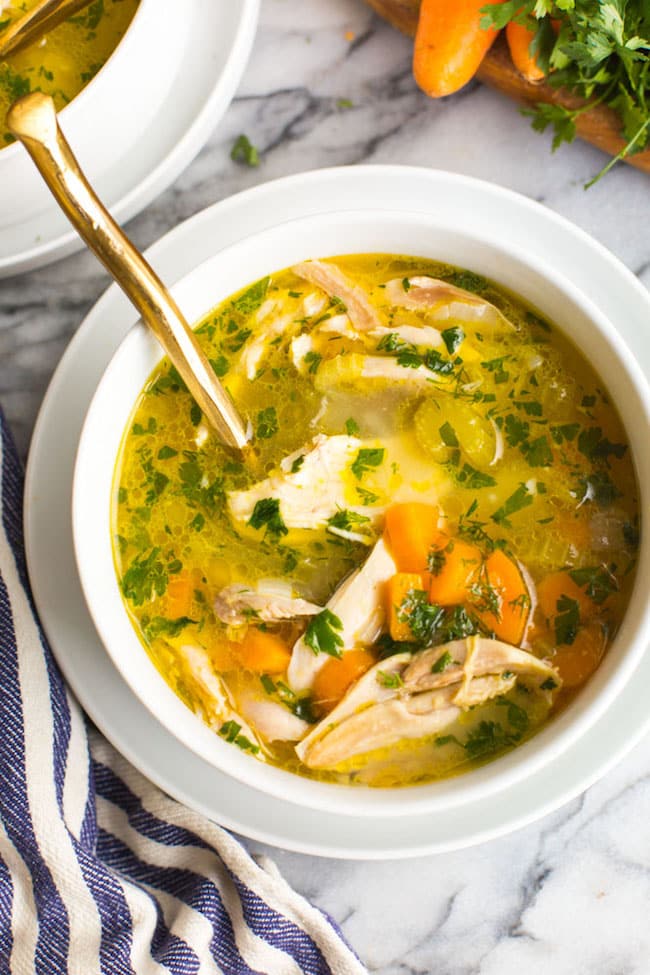 From Scratch Instant Pot Chicken Soup in a white bowl