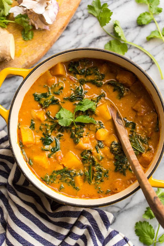 Peanut & Kale Butternut Squash Curry in a big yellow pot