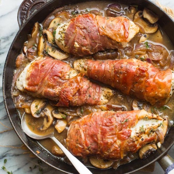 Prosciutto Wrapped Chicken with Mushrooms in a skillet