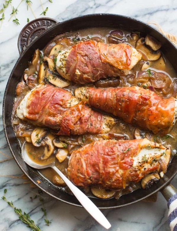 Prosciutto Wrapped Chicken with Mushrooms in a skillet