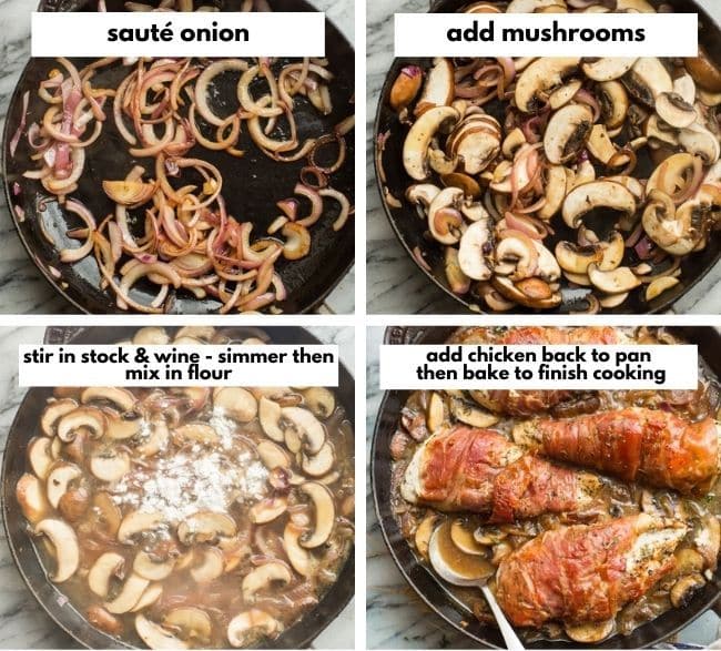 prosciutto-wrapped-chicken-mushroom & sauce collage