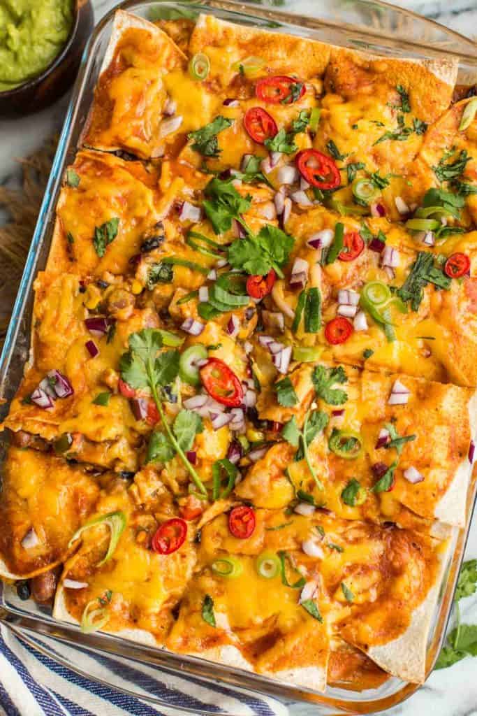 Black Bean & Butternut Squash Enchilada Casserole in a casserole dish