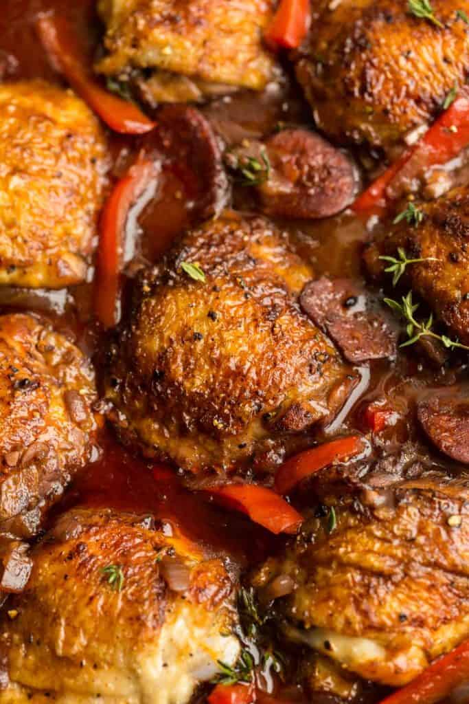 Spanish Chicken and Chorizo  up close topped with thyme