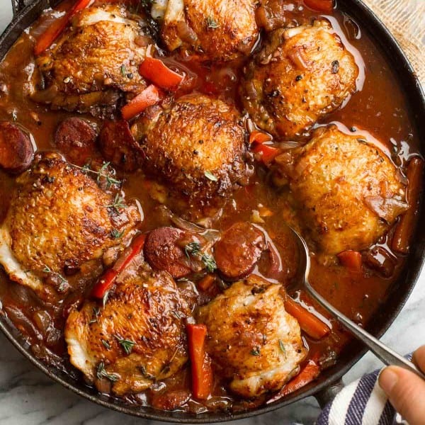 Spanish-Chicken-Chorizo in a cast iron skillet