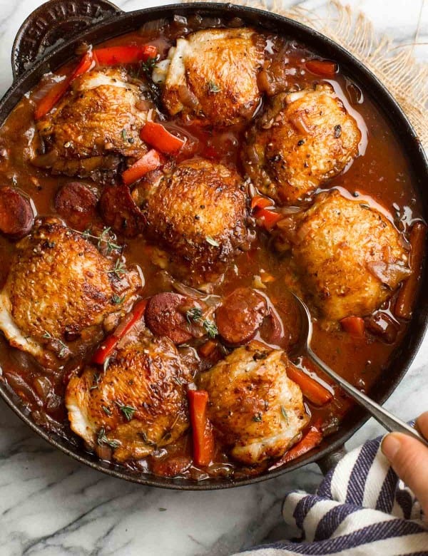 Spanish-Chicken-Chorizo in a cast iron skillet