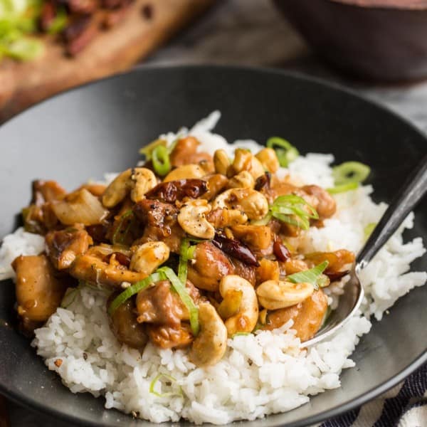 spicy cashew chicken over a bed of rice