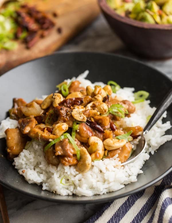 spicy cashew chicken over a bed of rice