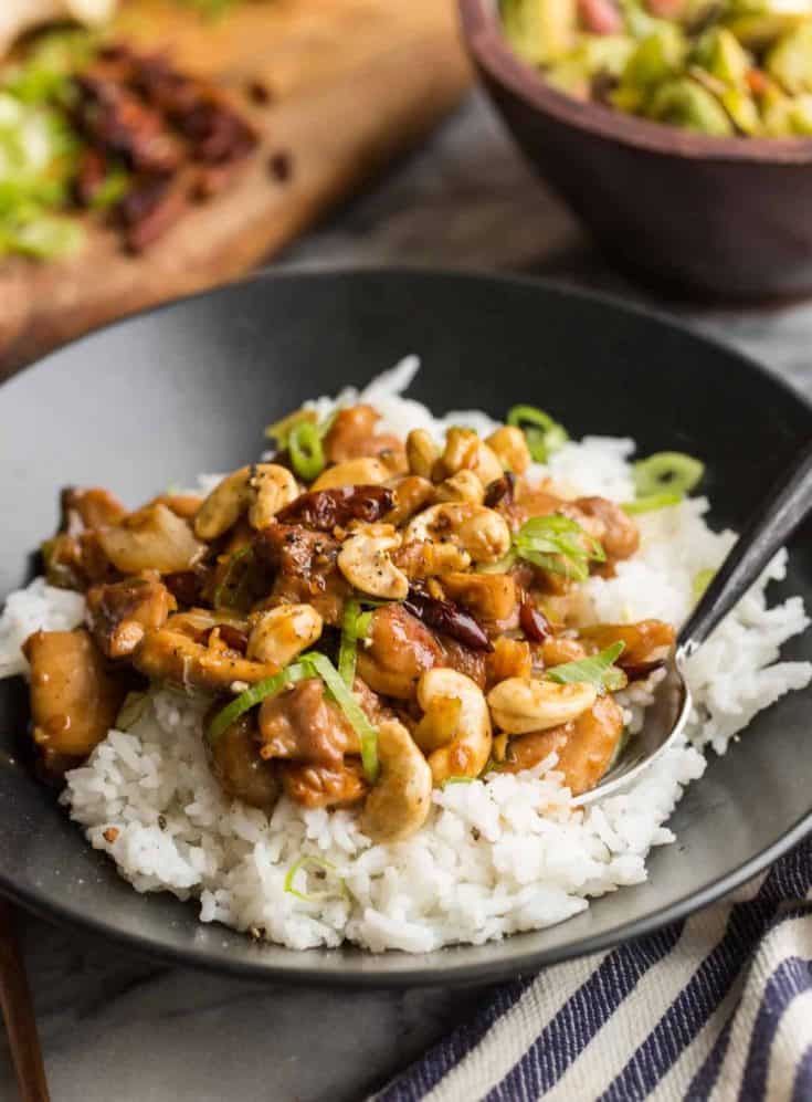 spicy cashew chicken over a bed of rice