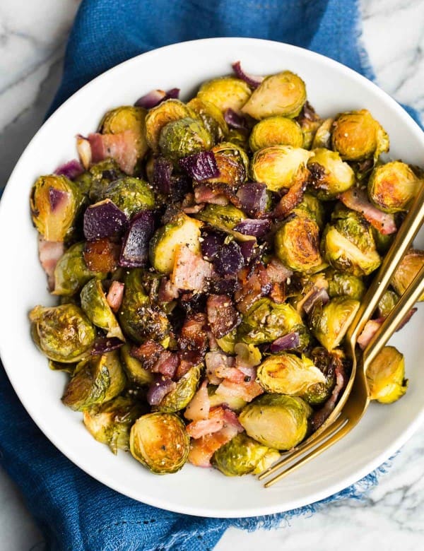 Roasted Maple Bacon Brussels Sprouts in a serving bowl