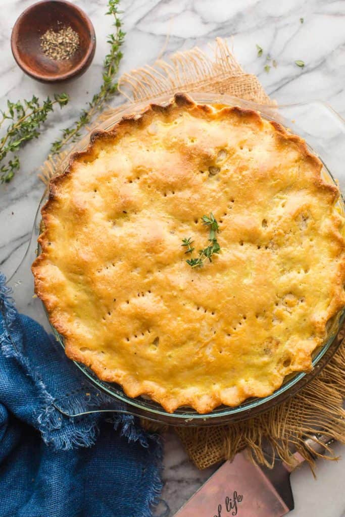 Double Crust Gluten Free Turkey Pot Pie with thyme on top 