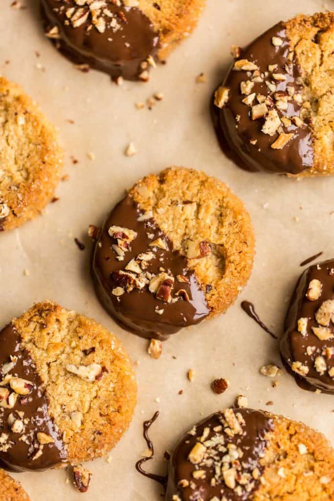 Toasted Pecan Almond Flour Shortbread Cookies drying on a piece of baking paper up close