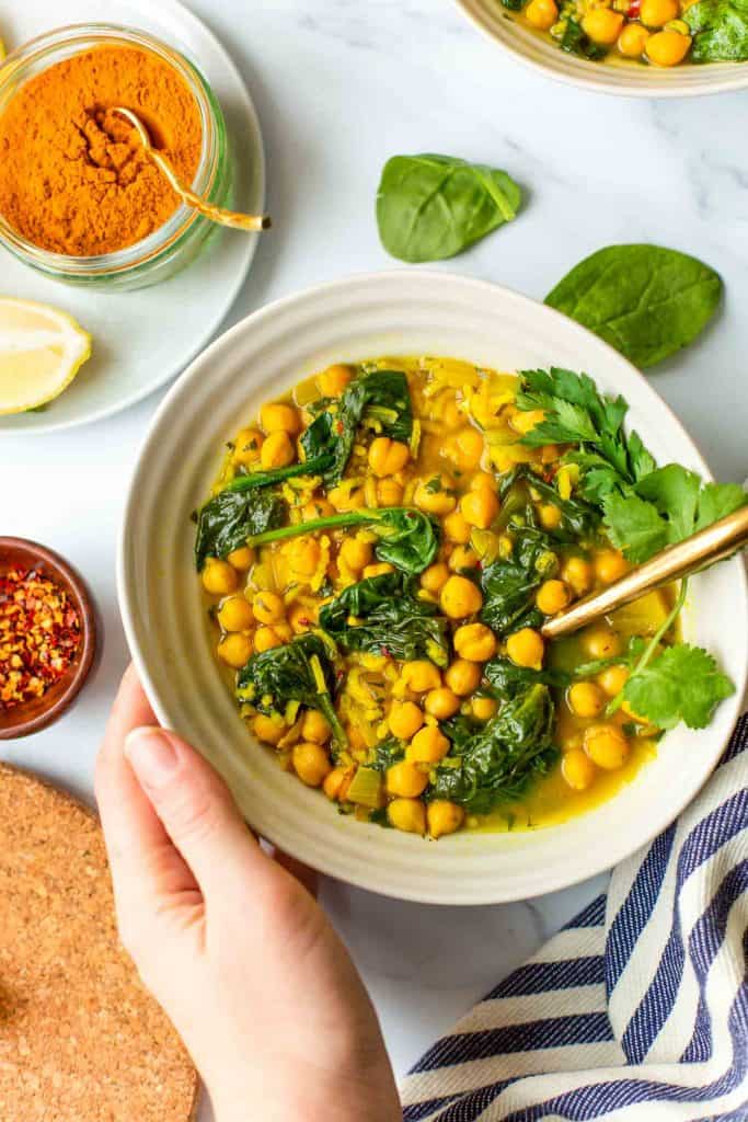 Persian Inspired Zesty Chickpea Soup in a soup bowl with fresh cilantro