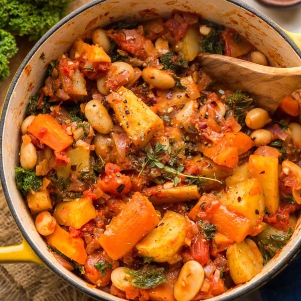 Roasted-Root-Vegetable-Stew in a yellow pot