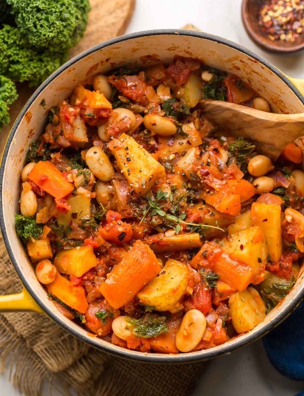 Roasted-Root-Vegetable-Stew in a yellow pot