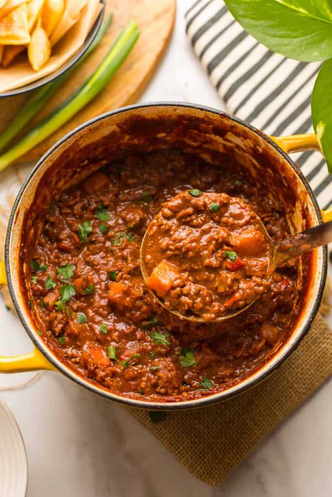 ladle full of Smokey Sweet Potato Chocolate Chili