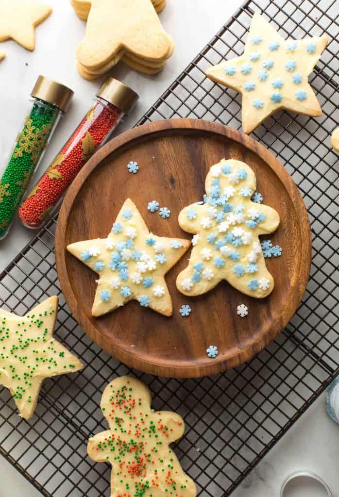 Almond Flour Sugar Cookies frosted on a plate