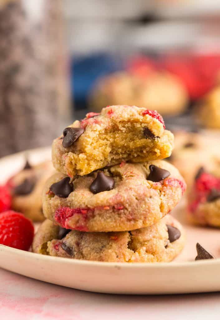 Almond Flour Raspberry Chocolate Chip Cookies stacked on a plate