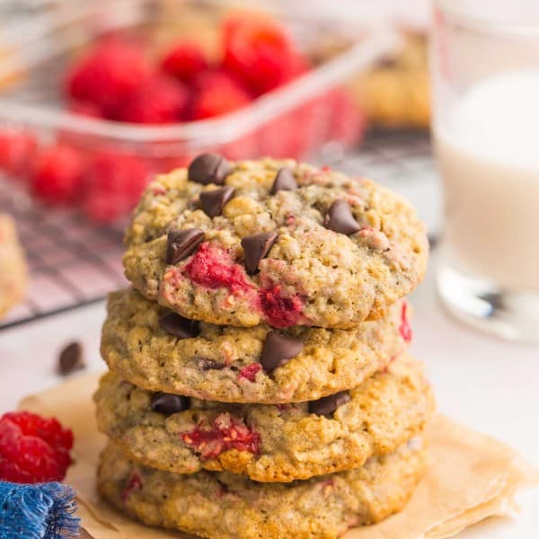 stack of Oatmeal-Raspberry-Chocolate-Chip-Cookies