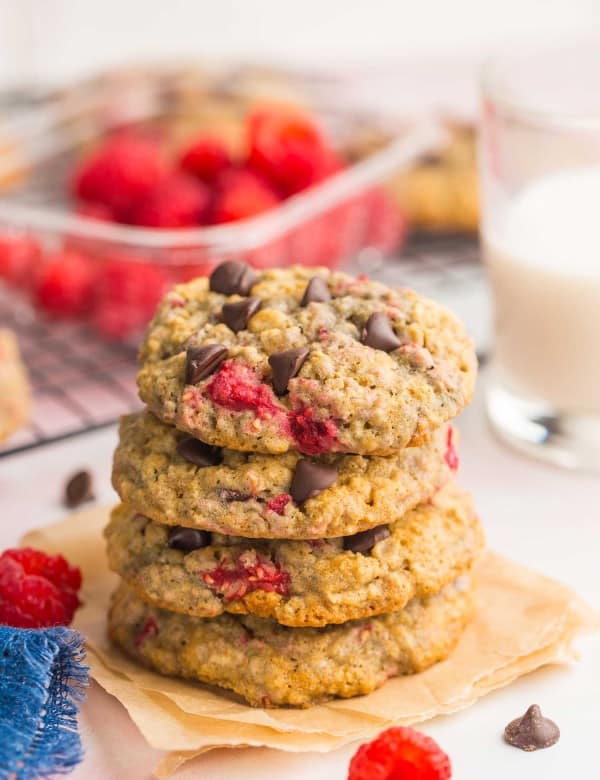 stack of Oatmeal-Raspberry-Chocolate-Chip-Cookies